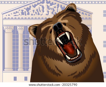 Angry bear growling with Stock Exchange building in the background - VECTOR