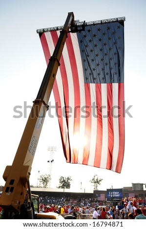 O\'FALLON - AUGUST 31: A U.S. flag hangs at a McCain rally in O\'Fallon near St. Louis, MO on August 31, 2008