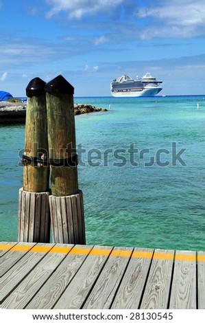 Port deck in Princess Cay Bahamas with cruise ship in background