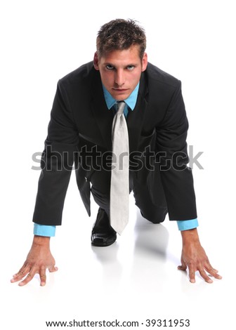 Businessman on starting line isolated over white background