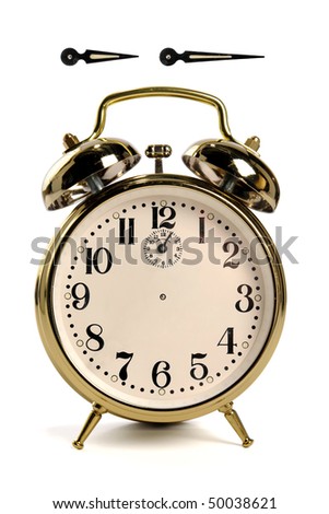 Vintage alarm clock isolated over white - hour and minute hands have clipping paths, so you can create  your own time!