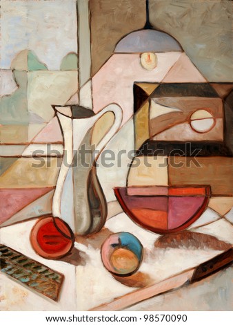 Abstract oil painting of still life with pitcher and fruits