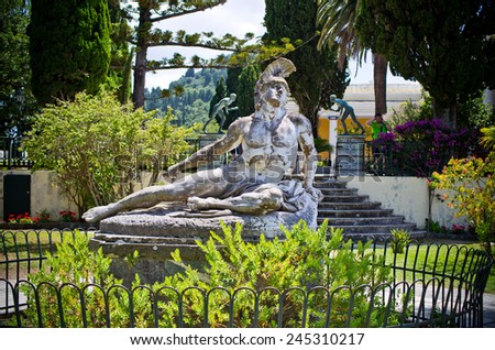 Statue of Wounded Achilles in the garden of Achillion palace on Corfu island, Greece