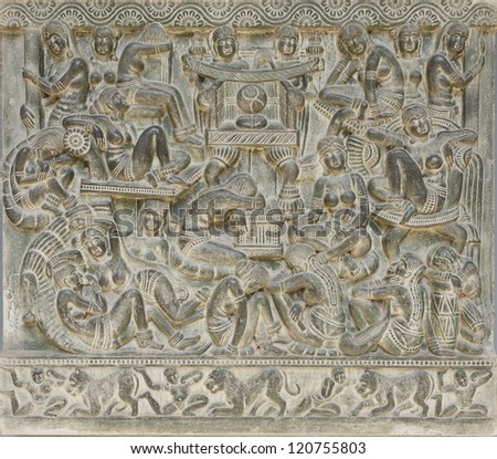 SURAT THANI, THAILAND - MARCH 17 : Ancient art on temple wall at Suanmokkh temple on March 17, 2012 in Surat Thani, Thailand.