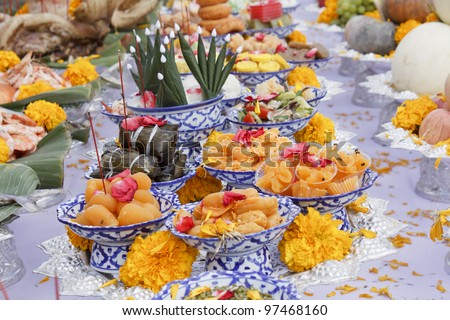Sweet food, flowers and fruits, religious offering in Thailand