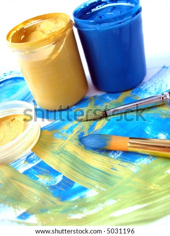 blue and yellow paint jar with gouache