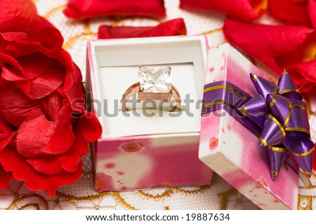 diamond ring in beautiful box with flowers
