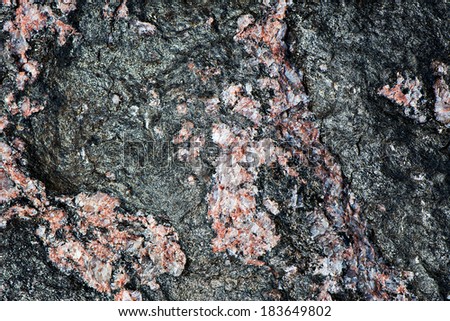 Detailed close up of the surface of black granite with pink quartz.   A great texture image for a background or overlay.