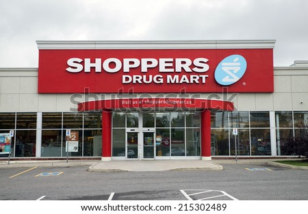 Gravenhurst, Canada - June 12, 2014 - A Shoppers Drug Mart store front outside during the day in Gravenhurst, Ontario
