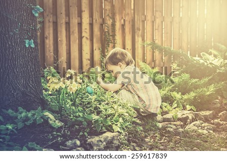 A little boy crouched down looking for colorful eggs in a garden on an Easter egg hunt during the spring season.  Part of a series.  Filtered for a retro, vintage look.