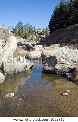 Cherry Creek flows through interesting rock formations in Castlewood Canyon State Park in central Colorado.
