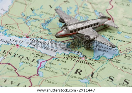 Toy Airplane on Map of Russia, Estonia and Finland.  Shallow depth of field from use of macro lens