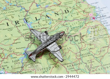Toy Airplane on map of Ireland.  Shallow depth of field from use of macro lens