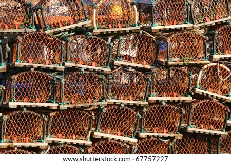 Large number of repaired and renovator lobster and crab pots ready for use in the north sea near Bridlington.