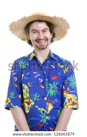 young happy man with a hawaiian shirt on white background