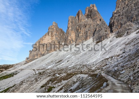 Hiking path in the mountains at Drei Zinnen in Italy