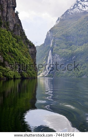 Geiranger fjord landscape and seven sisters waterfall in Norway