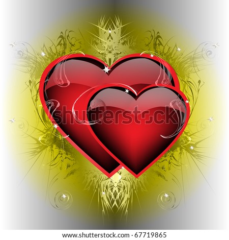 Two ardent hearts on iridescent background