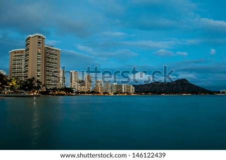 Night view of Honolulu city, Diamond Head and Waikiki Beach; Hawaii, USA