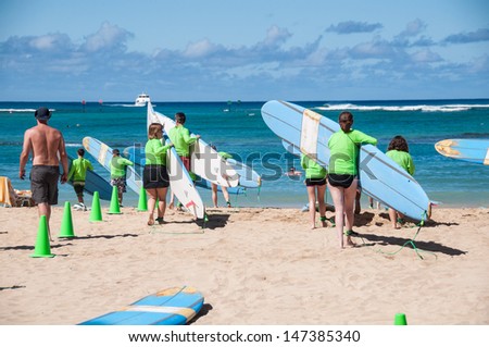 WAIKIKI, HI - JUNE 27 - Tourists learning to surf on Waikiki beach June 27, 2013 in Oahu. Waikiki beach is beachfront neighborhood of Honolulu, best known for white sand and surfing.