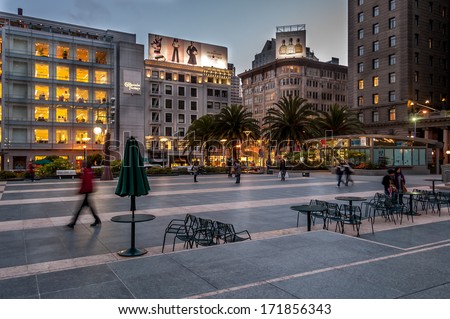 SAN FRANCISCO - FEB 24: Famous Union Square in San Francisco at sunset on February 24, 2008 in San Francisco, California. Union Square is a famous tourist destination and is surrounded by luxury shops