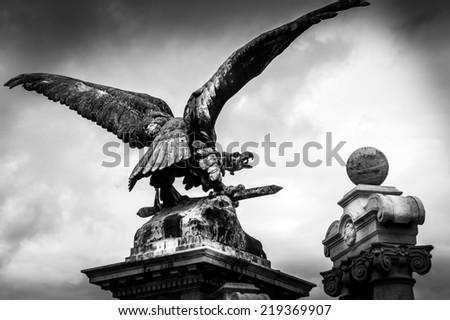 BUDAPEST, HUNGARY - MAY 19: Bronze eagle statue at Buda Castle on May 19, 2006 in Budapest, Hungary. Budapest Castle is part of a world heritage site and popular tourist attraction.