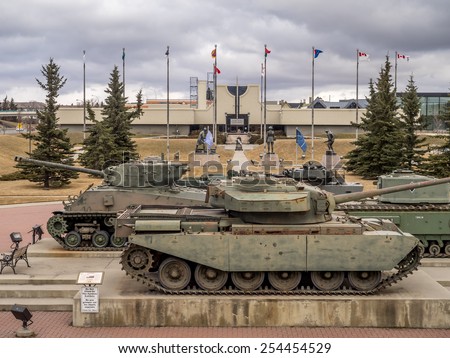 CALGARY, CANADA - FEB 20:  Exhibits outside the Military Museums on February 20, 2015 in Calgary, Alberta Canada. It is made of museums dedicated to representing Canada\'s navy, army, and air force.
