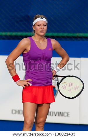 PATTAYA THAILAND - FEBRUARY 11: Maria Kirilenko of Russia disagrees with umpire judgment during semi final of PTT Pattaya Open 2012 on February 11, 2012 at Dusit Thani Hotel in Pattaya, Thailand