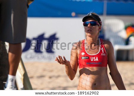CHONBURI, THAILAND-OCTOBER 26: April Ross of USA protests against the referee during the game on Day 2 of Bangsaen Thailand Open on October 26, 2012 at Bangsaen Beach, Chonburi, Thailand