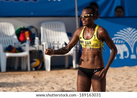 CHONBURI, THAILAND-OCTOBER 26: Miller Elwin of Republic of Vanuatu reacts after winning a point during Day 2 of Bangsaen Thailand Open on October 26, 2012 at Bangsaen Beach in Chonburi, Thailand
