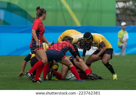 NANJING, CHINA-AUGUST 19: China Rugby Team (yellow) plays against Spain Rugby Team (red) during Day 3 match of 2014 Youth Olympic Games on August 19, 2014 in Nanjing, China. China wins 45-0.