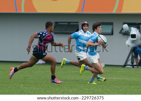 NANJING, CHINA-AUGUST 19: Argentina Rugby Team (white/blue) plays against USA Rugby Team (blue) on Day 3 match of 2014 Youth Olympic Games on August 19, 2014 in Nanjing, China. Argentina wins 33-10.