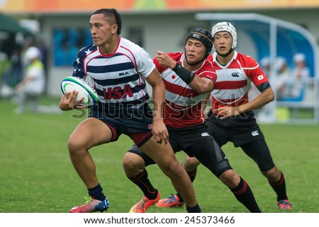 NANJING, CHINA-AUGUST 19: USA Rugby Team (white) plays against Japan Rugby Team (red) during Day 3 match of 2014 Youth Olympic Games on August 19, 2014 in Nanjing, China. USA wins 29-12.