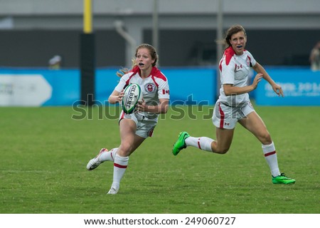 NANJING, CHINA-AUGUST 19:Catherine Boudreault (L) of Canada Rugby Team in action during semifinals match of 2014 Youth Olympic Games on August 19, 2014 in Nanjing, China.