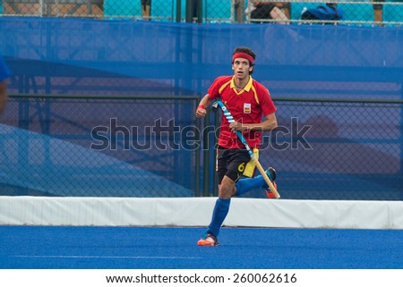 NANJING, CHINA-AUGUST 20: Enrique Mateo Gonzalez de Castejon Veli of Spain Hockey Team in action during Day 4 match of 2014 Youth Olympic Games on August 20, 2014 in Nanjing, China.