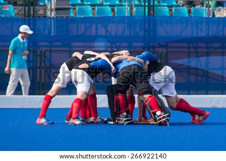 NANJING, CHINA-AUGUST 21: Germany Hockey Team during Day 5 match against Mexico Hockey Team of 2014 Youth Olympic Games on August 21, 2014 in Nanjing, China.