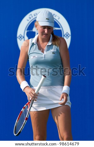 PATTAYA THAILAND - FEBRUARY 9: Alia Kudryavtseva of Russia reacts after losing a point during Round 2 of PTT Pattaya Open 2012 on February 9, 2012 at Dusit Thani Hotel in Pattaya, Thailand