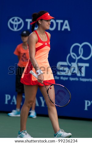 PATTAYA, THAILAND - FEBRUARY 10: Sorana Cirstea of Romania reacts after losing a point during Round 3 of PTT Pattaya Open 2012 on February 10, 2012 at Dusit Thani Hotel in Pattaya, Thailand