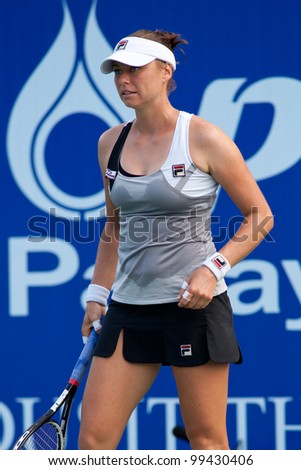 PATTAYA, THAILAND - FEBRUARY 10: Vera Zvonareva reacts after losing a point during Round 3 of PTT Pattaya Open 2012 on February 10, 2012 at Dusit Thani Hotel in Pattaya, Thailand