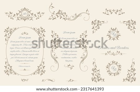 Floral monograms and borders, frames for cards, invitations, menus, labels.  Classic ornament. Graphic design pages. Leafy border with calligraphic elements.