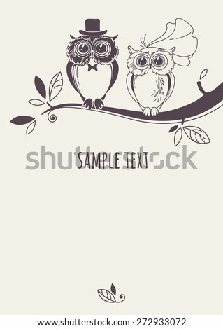 Template card with owls on a tree branch. Greeting card. Drawing owl couple.  Wedding invitation.