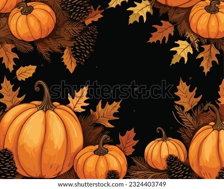 Orange autumn leaves and pumpkins vector illustration. Fall colors background, copy space