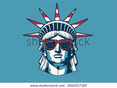 Statue of Liberty wearing sunglasses symbolizing American flag colors pattern. 4th of July, independence day background. 