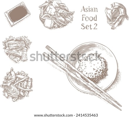 Drawing of lot of asian food - riсe, tofu, tofu skinm, soy sauce and seaweed