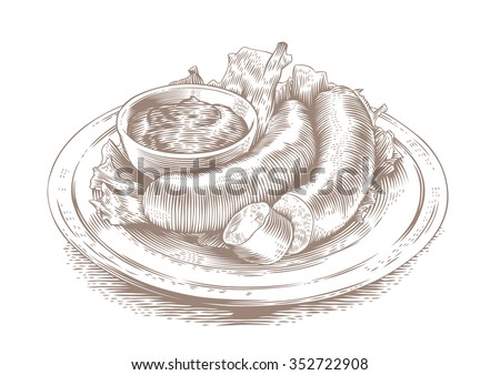 Drawing of two sausages with fresh lettuce and red sauce on the white plate