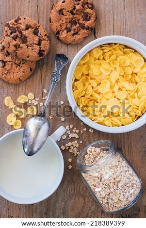 Retro style breakfast set. Cereals and milk. Food styling.