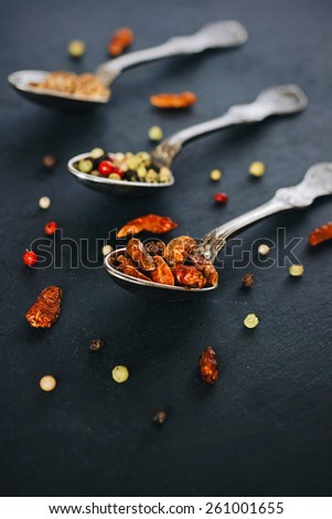 Colorful spices, personal perspective. Food styling.