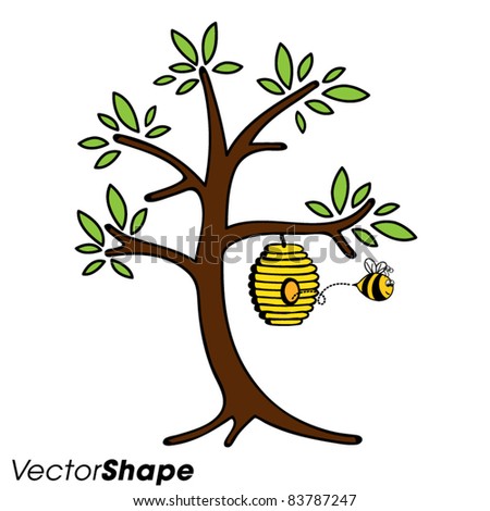 Funny Cute Cartoon Bee Flying Away From The Bee Hive On A Tree, Vector ...