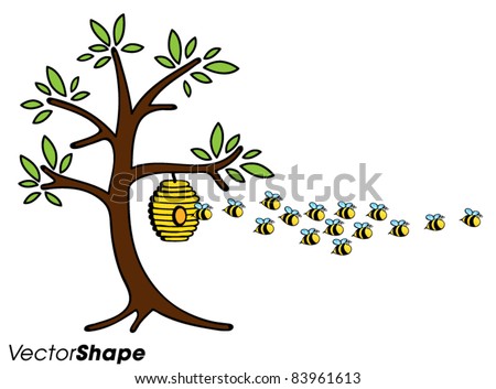 Funny Cute Cartoon Bees Flying Away From The Bee Hive On A Tree, Vector ...