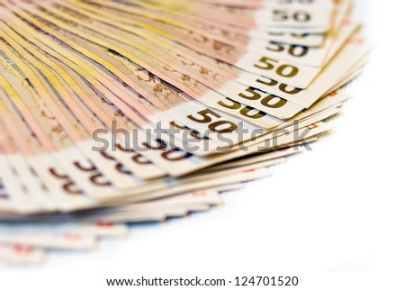 fanned out  banknotes 50 Euro / 3500 Euro on white